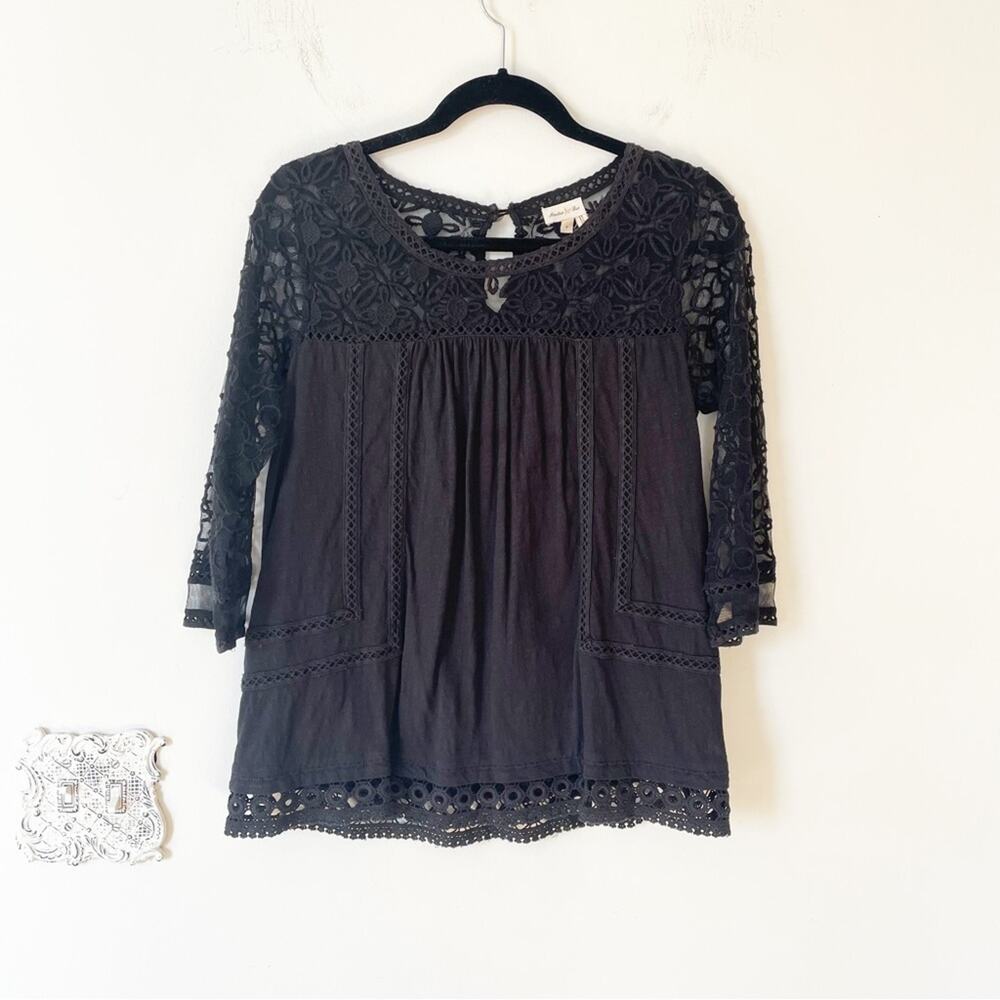 Anthropologie Meadow Rue Mantra Black Daisy Floral Crochet Lace Mesh Top S - Picture 3 of 9